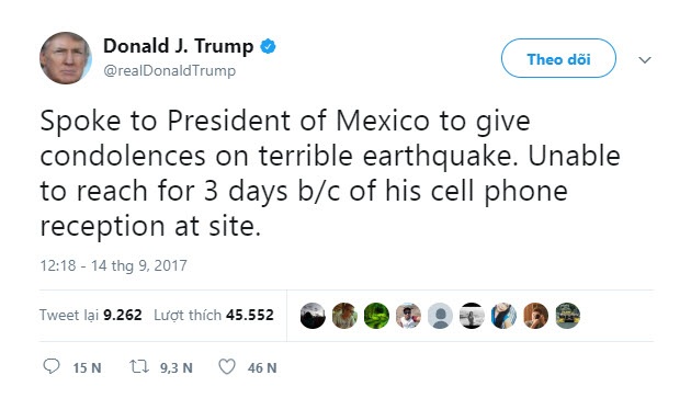 Ông Trump chậm “hỏi thăm” Mexico sau động đất vì sóng điện thoại yếu - 1
Thông điệp của ông Trump trên mạng xã hội Twitter (Ảnh: Donald J. Trump/Twitter)
