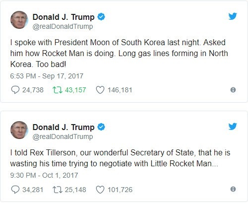 Ông Trump và những lần phát ngôn “dậy sóng” trên mạng xã hội - 2
Ông Trump gọi ông Kim Jong-un là Người tên lửa. (Ảnh: Twitter/Donald Trump)