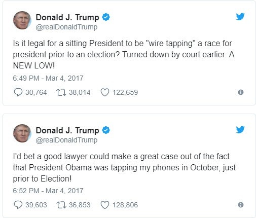 Ông Trump và những lần phát ngôn “dậy sóng” trên mạng xã hội - 5 Ông Trump cho rằng chính quyền ông Obama đã đặt băng nghe lén ông tại tháp Trump. (Ảnh: Twitter/Donald Trump)