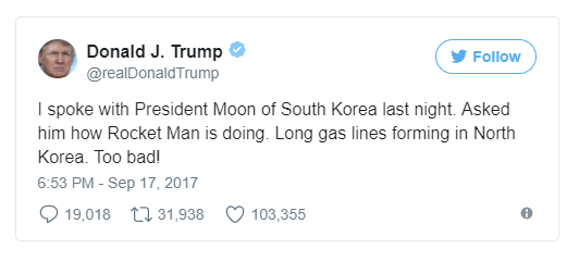 Tổng thống Trump gọi ông Kim Jong-un là “gã tên lửa” - 2
Ông Trump gọi ông Kim Jong-un là gã tên lửa. (Ảnh: Twitter)
