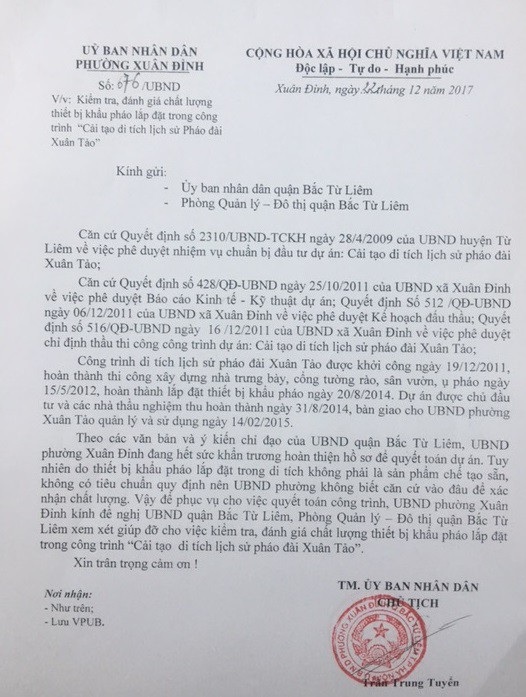 Hà Nội: UBND phường Xuân Đỉnh bất ngờ “cầu cứu” quận Bắc Từ Liêm! - 1
Văn bản cầu cứu của UBND phường Xuân Đỉnh gửi quận UBND quận Bắc Từ Liêm.