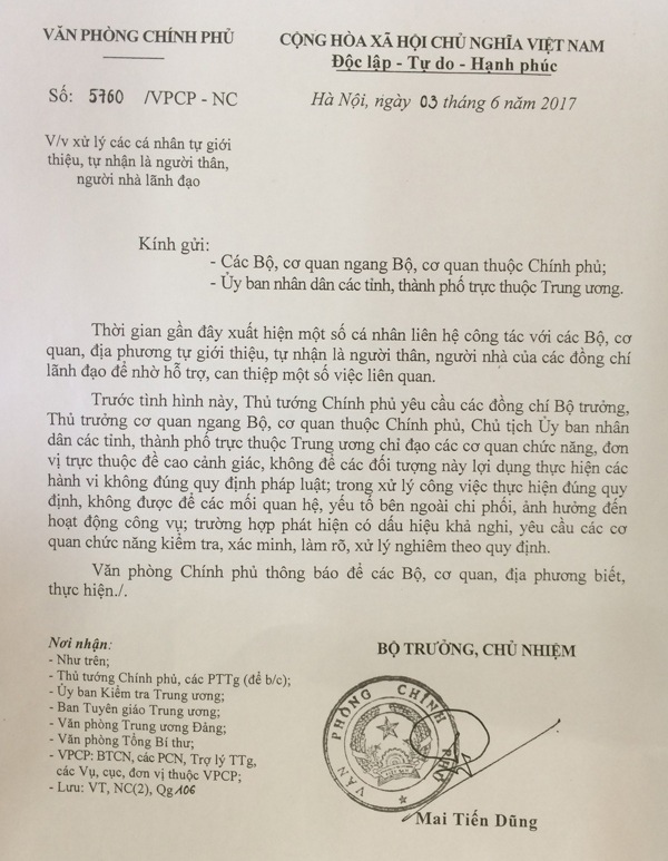 Thủ tướng yêu cầu xử nghiêm cá nhân tự nhận là người thân lãnh đạo - 1 Văn bản truyền đạt chỉ đạo của Thủ tướng Chính phủ.