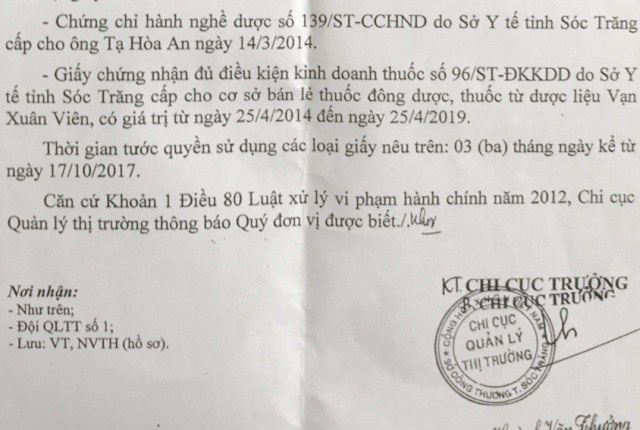 Dừng hoạt động nhà thuốc bán đông dược chưa được phép lưu hành - 1 Quyết định xử lý nhà thuốc của cơ quan chức năng tỉnh Sóc Trăng. (Ảnh: CTV)