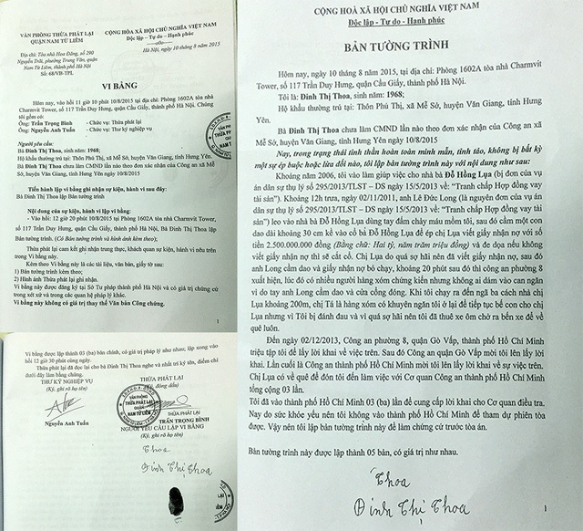 Bản tường trình của bà Đinh Thị Thoa khẳng định đã chứng kiến việc ông Long dùng dao khống chế bà Lụa buộc viết giấy nợ 2,5 tỷ đồng.