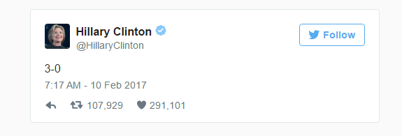 Bình luận bí ẩn của bà Clinton khi ông Trump thua kiện - 2
Dòng tweet ngắn gọn của bà Clinton sau khi tòa phúc thẩm bác kháng cáo của Bộ Tư Pháp Mỹ về tạm ngừng sắc lệnh di trú. (Ảnh: Twitter)