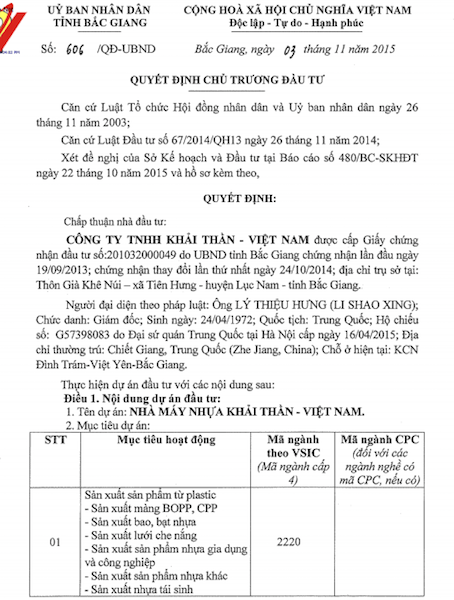 Bắc Giang: Người dân tố doanh nghiệp gây ô nhiễm, cơ quan công an vào cuộc - 1
Quyết định chủ trương đầu tư Công ty TNHH Khải Thần Việt Nam.