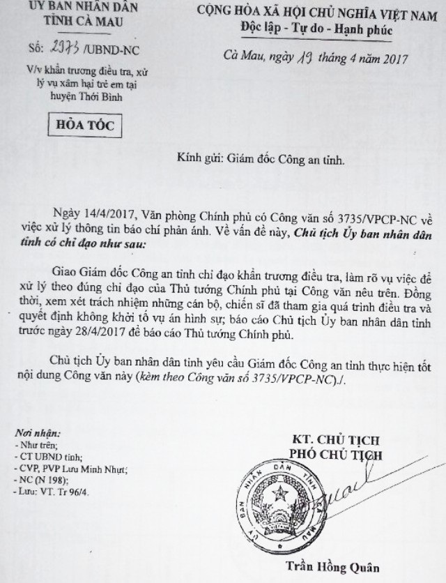Cách chức Phó Thủ trưởng cơ quan cảnh sát điều tra Công an tỉnh Cà Mau - 1 Sau chỉ đạo của Chính phủ, UBND tỉnh Cà Mau chỉ đạo Công an tỉnh khẩn trương điều tra vụ bé gái 13 tuổi bị dâm ô.