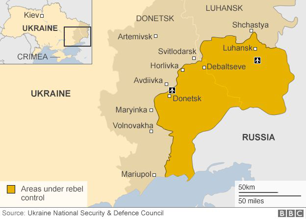 Mỹ có thể gửi vũ khí tới miền Đông Ukraine - 2
Phe đòi độc lập hiển kiểm soát miền đông Ukraine (khu vực màu vàng)