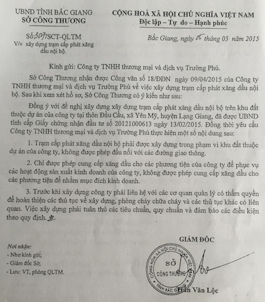 Khó hiểu hàng loạt dự án bất chấp pháp luật về môi trường "lọt lưới" tại Bắc Giang - 5
Sở Công thương tỉnh Bắc Giang đồng ý cho Công ty Trường Phú xây dựng trạm cấp phát xăng nội bộ.
