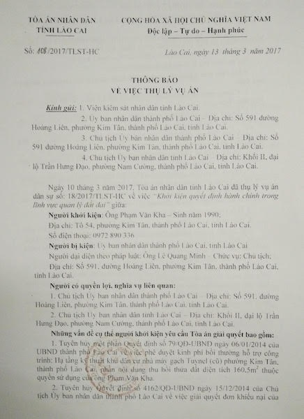 UBND TP Lào Cai liên tiếp bị người dân khởi kiện ra toà liên quan việc thu hồi đất - 1 UBND TP Lào Cai liên tiếp bị người dân khởi kiện ra toà liên quan việc thu hồi đất - 1