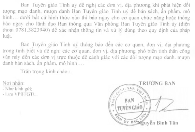 Cảnh giác các đối tượng mạo danh Ban Tuyên giáo Tỉnh ủy để… bán sách - 1 Ban Tuyên giáo tỉnh Bạc Liêu khẳng định, không có việc cử cán bộ liên hệ bán sách, ẩn phẩm,...