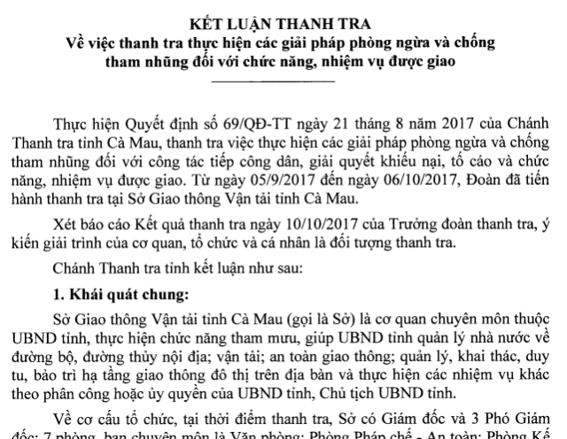 Thanh tra phát hiện nhiều thiếu sót tại Sở Giao thông vận tải Cà Mau - 2 Kết luận của Thanh tra Nhà nước tỉnh Cà Mau đối với Sở Giao thông tỉnh Cà Mau.