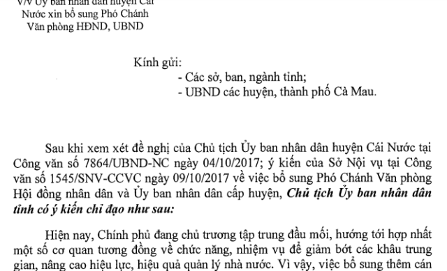 Cà Mau không đồng ý huyện Cái Nước có thêm phó chánh văn phòng - 1 Văn bản nêu ý kiến chỉ đạo của Chủ tịch tỉnh Cà Mau về việc bổ sung cấp phó.