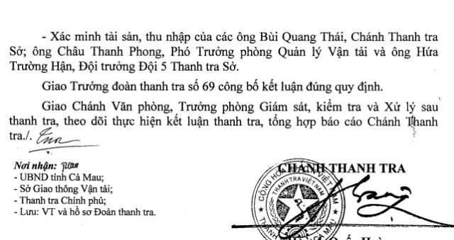 Kiến nghị kiểm điểm Giám đốc Sở Giao thông vận tải Cà Mau! - 1 Thanh tra Nhà nước kiến nghị Giám đốc Sở GTVT tiến hành xác minh tài sản, thu nhập của các ông: Bùi Quang Thái (Chánh Thanh tra Sở GTVT), ông Châu Thanh Phong (Phó trưởng Phòng Quản lý vận tải) và ông Hứa Trường Hận (Đội trưởng Đội 5, Thanh tra Sở).