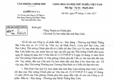 Công văn của Văn phòng Chính phủ truyền đạt ý kiến chỉ đạo của Phó Thủ tướng Thường trực Chính phủ phê bình Chủ tịch tỉnh Bạc Liêu và giao Thanh tra Chính phủ làm rõ nội dung tố cáo của Công ty Minh Thắng.