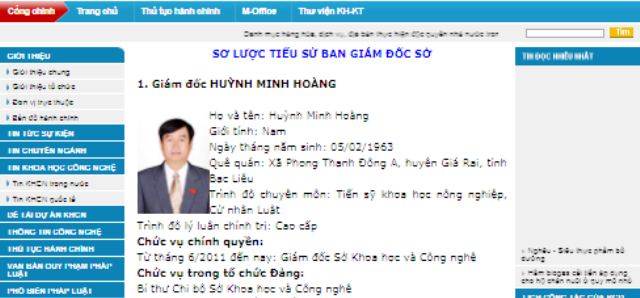 Vụ nghỉ làm giám đốc sở vẫn bổ nhiệm cán bộ: "Giám đốc sở" xin chuyển công tác - 1 Trên Cổng thông tin điện tử Sở KH&CN tỉnh Bạc Liêu, ông Huỳnh Minh Hoàng vẫn là Giám đốc và là Bí thư Chi bộ. (Ảnh chụp ngày 30/11)