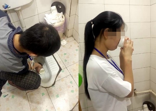 Dân mạng phẫn nộ với clip công ty phạt nhân viên uống nước múc lên từ bồn cầu - 1 Các nhân viên đang phải lấy nước từ bồn cầu và uống vì bị phạt