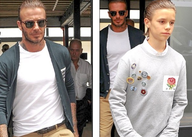 
Hai bố con để cùng 1 kiểu tóc sành điệu và nổi bật. Romeo cũng mặc chính chiếc áo do bố mình thiết kế
