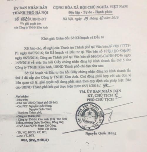 Phó Thủ tướng yêu cầu làm rõ việc thu hồi giấy chứng nhận kinh doanh của một doanh nghiệp - 2 Phó Thủ tướng yêu cầu kiểm tra lại việc UBND TP Hà Nội có văn bản số 6021/UBND-ĐT ngày 19/10/2016 chỉ đạo Sở Kế hoạch và Đầu tư Hà Nội thu hồi Giấy chứng nhận đăng ký doanh nghiệp thay đổi lần thứ 5 cấp cho Công ty TNHH Kim Anh ngày 31/10/2012 là đúng hay sai.