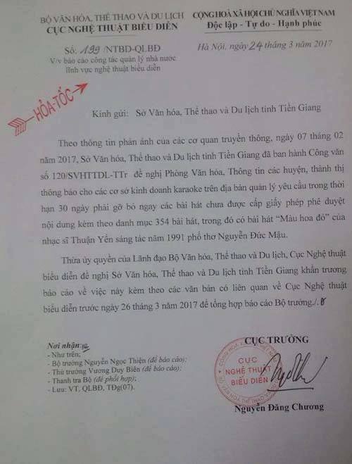 Sở Văn hoá Tiền Giang phải giải trình việc cấm hát ca khúc “Màu hoa đỏ” - 1 Công văn hoả tốc của Cục Nghệ thuật Biểu diễn yêu cầu Sở VHTT&DL tỉnh Tiền Giang giải trình việc cấm lưu hành và phổ biến ca khúc Màu hoa đỏ. Ảnh: HTL.
