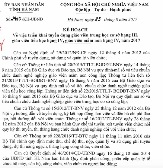 Hà Nam: Ban hành kế hoạch triển khai tuyển dụng giáo viên năm 2017 - 1 Kế hoạch số 2410/KH-UBND về việc triển khai tuyển dụng giáo viên THCS hạng III, giáo viên tiểu học hạng IV, giáo viên mầm non hạng IV, năm 2017.