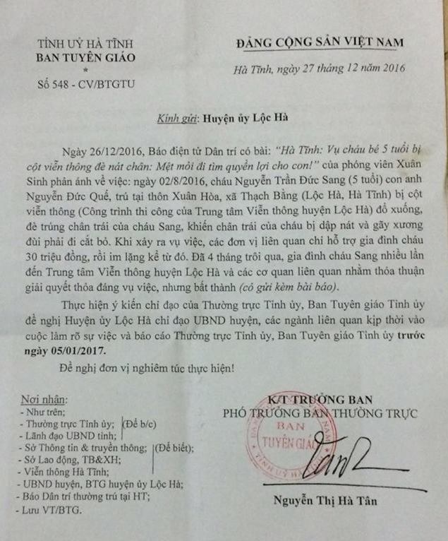 Vụ cháu bé 5 tuổi bị cột viễn thông đè nát chân: Ban Tuyên giáo Tỉnh ủy chỉ đạo làm rõ! - 4 Văn bản chỉ đạo của Ban Tuyên giáo Tỉnh ủy