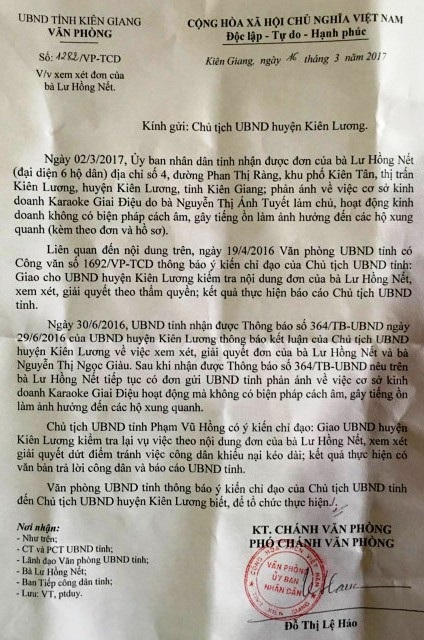 Chờ kết luận thanh tra vụ cụ bà 93 tuổi bị quán karaoke “hành” ra ghế đá ngủ! - 3 Ngày 16/3, Văn phòng UBND tỉnh Kiên Giang tiếp tục gửi văn bản đến UBND huyện Kiên Lương truyền đạt ý kiến chỉ đạo của Chủ tịch UBND tỉnh Kiên Giang Phạm Vũ Hồng yêu cầu Chủ tịch huyện này sớm giải quyết dứt điểm khiếu nại của bà Lư Hồng Nết