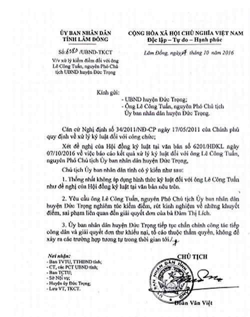 Phó Chủ tịch huyện bị kỷ luật giãi bày “uẩn khúc” trong vụ áp thuế oan 5,7 tỷ! - 2 Văn bản số 6383/UBND – TKCT ngày 17/10/2016 về việc xử lý kiểm điểm đối với ông Lê Công Tuấn bằng hình thức nghiêm túc kiểm điểm, rút kinh nghiệm về khuyết điểm, sai phạm liên quan đến việc giải quyết đơn của bà Đàm Thị Lích.