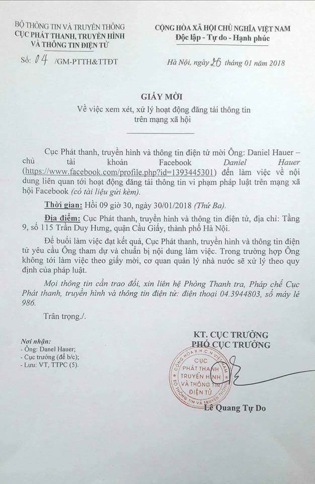 Vụ “thầy” tiếng Anh xúc phạm Đại tướng: Cục Phát thanh truyền hình và Thông tin điện tử lên tiếng - 1 Văn bản của Cục Phát thanh truyền hình và thông tin điện tử mời ông Daniel Hauer đến làm việc về một số phát ngôn trên mạng xã hội.