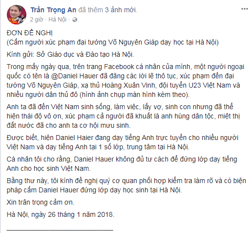 Phụ huynh đăng thư ngỏ đề nghị cấm người xúc phạm Đại tướng được dạy tiếp - 1
Đơn của anh Trọng An đề nghị cấm người xúc phạm Đại tướng Võ Nguyên Giáp dạy học tại Hà Nội.