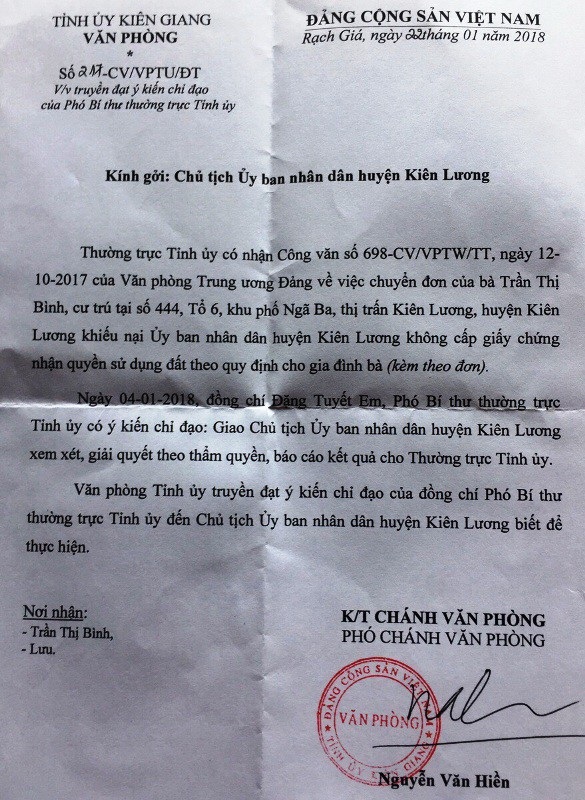Thường trực Tỉnh ủy Kiên Giang chỉ đạo giải quyết vụ 60ha đất bỗng “lọt” vào quỹ đất xã! - 1 Văn bản chỉ đạo của Thường trực Tỉnh ủy Kiên Giang gửi đến Chủ tịch UBND huyện Kiên Lương về việc xem xét giải quyết khiếu nại của bà Trần Thị Bình
