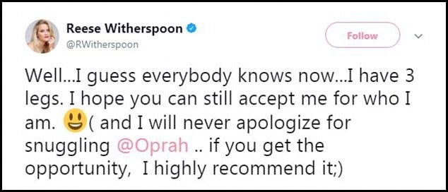 Nữ diễn viên Reese Witherspoon đăng tải trạng thái hài hước trên tài khoản mạng xã hội: “Tôi đoán mọi người giờ đều biết tôi có ba chân”.