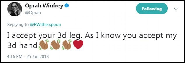 Người dẫn chương trình truyền hình nổi tiếng Oprah Winfrey cũng đáp lại đăng tải hài hước của Reese bằng một trạng thái vui nhộn tương tự: “Tôi chấp nhận cẳng chân thứ ba của cô. Bởi tôi biết cô cũng chấp nhận bàn tay thứ ba của tôi”.