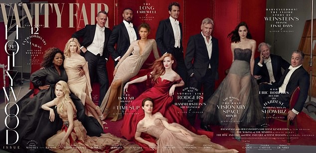 Bức ảnh khổ lớn của Vanity Fair có sự xuất hiện của các ngôi sao Nicole Kidman, Tom Hanks, Michael B. Jordan, Zendaya, Jessica Chastain, Claire Foy, Michael Shannon, Harrison Ford, Gal Gadot, biên tập viên của Vanity Fair - Graydon Carter và Robert De Niro (từ trái sang phải).