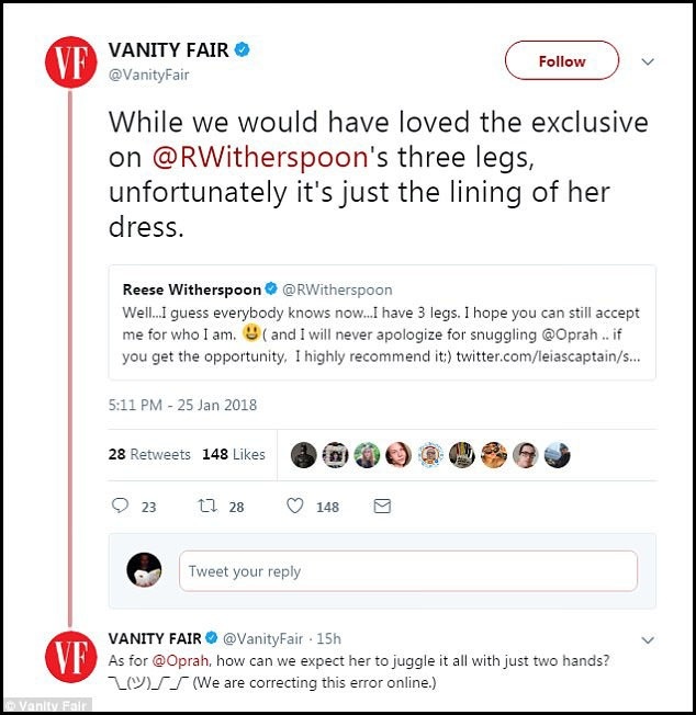 Thông qua tài khoản mạng xã hội chính thức của mình, phía tạp chí Vanity Fair đã xử lý tình huống khá khéo khi họ thừa nhận lỗi sai với “bàn tay thứ ba” của Oprah rằng: “Với Oprah, làm sao chúng ta có thể tin bà ấy xoay xở được mọi việc với chỉ hai bàn tay? (Chúng tôi sẽ sửa lỗi sai này trong ấn bản điện tử)”. Đối với “cẳng chân thứ ba” của Reese, Vanity Fair nói đó thực ra chỉ là nếp gấp của tà váy.