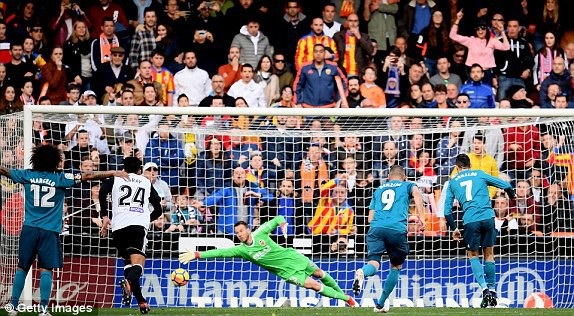 Valencia 1-4 Real Madrid: Cú đúp penalty của C.Ronaldo - 1
C.Ronaldo ghi hai bàn trong hiệp 1 trên chấm phạt đền