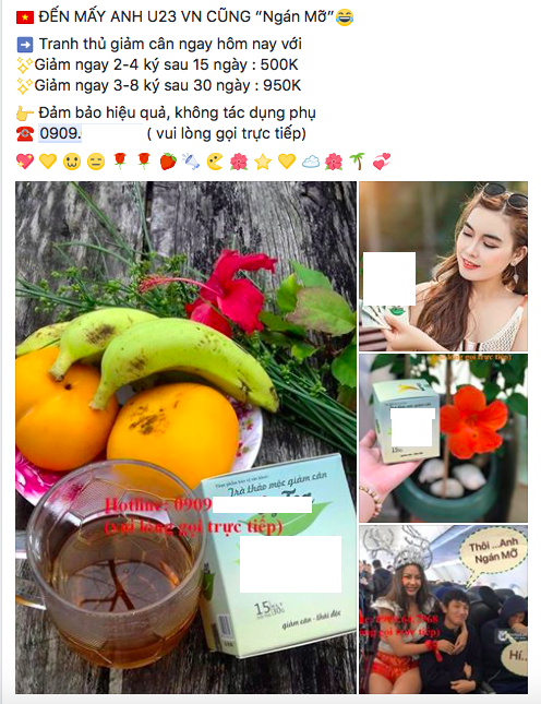 Dân bán hàng online "tung chiêu" kích cầu theo "cơn sốt" U23 Việt Nam - 2
Đua nhau bán sản phẩm giảm cân, tuy nhiên về nguồn gốc và chất lượng sản phẩm thì người tiêu dùng phải cẩn thận