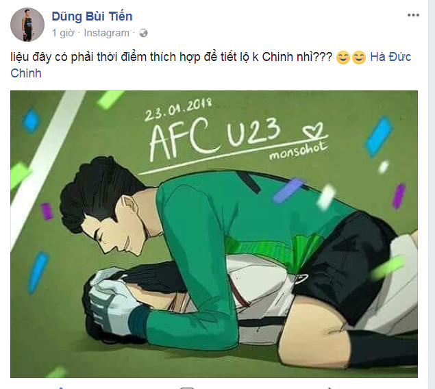 Cười ngất ảnh chế Đức Chinh… “có bầu” với Bùi Tiến Dũng, nghịch tóc MC Mai Ngọc - 15 Hà Đức Chinh thậm chí còn trở thành tình địch của chị em khi thủ môn Bùi Tiến Dũng đùa vui đăng bức ảnh với nội dung lấp lửng về tin đồn của cư dân mạng rằng hai chàng cầu thủ... có tình ý với nhau.