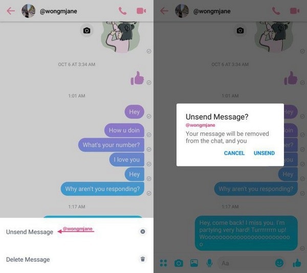 Facebook đang thử nghiệm tính năng thu hồi tin nhắn đã gửi trên Messenger - 1 Giao diện cho thấy tính năng “Unsend” để thu hồi tin nhắn trên ứng dụng Messenger