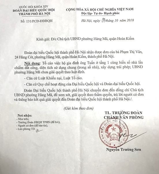 Đoàn đại biểu Quốc hội TP Hà Nội đề nghị Chủ tịch phường Hàng Mã giải quyết đơn thư công dân - Ảnh 1. Đoàn đại biểu Quốc hội TP Hà Nội đề nghị Chủ tịch phường Hàng Mã giải quyết đơn thư công dân - Ảnh 1.