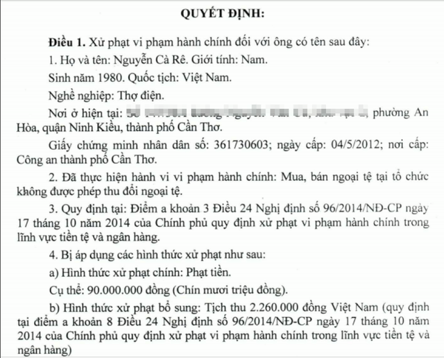 Đổi 100 USD phạt 90 triệu đồng: Quá tay và khó chấp nhận - 1 Biên bản mà chính quyền TP. Cần Thơ xử phạt 90 triệu đồng người thợ điện đổi 100 USD