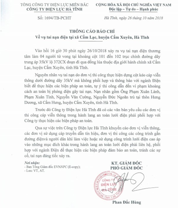 Vụ 4 người bị điện giật tử vong: Cơ quan chức năng đồng loạt vào cuộc - 3 Thông cáo báo chí của Điện lực Hà Tĩnh về vụ tai nạn điện ở xã Cẩm Lạc, huyện Cẩm Xuyên.