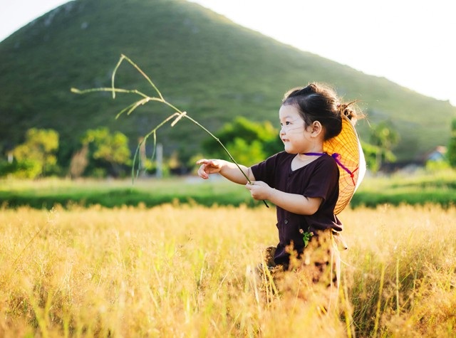 Cực đáng yêu bộ ảnh “dắt nhau ra đồng” của hai bé gái xứ Nghệ - 4 Bối cảnh của bộ ảnh là một cánh đồng sau mùa gặt ở huyện Hưng Nguyên (tỉnh Nghệ An). Những thửa ruộng đã được gặt xong, nhường chỗ cho những cây cỏ dai. Mùa cỏ đơm bông trong ánh nắng chiều tạo nên vẻ đẹp nên thơ cho bộ ảnh thú vị này.
