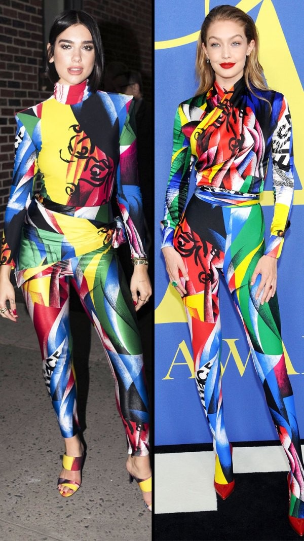 Khi sao "đụng hàng" - 6
Dua Lipa và Gigi Hadid rực rỡ bộ jumpsuit Versace