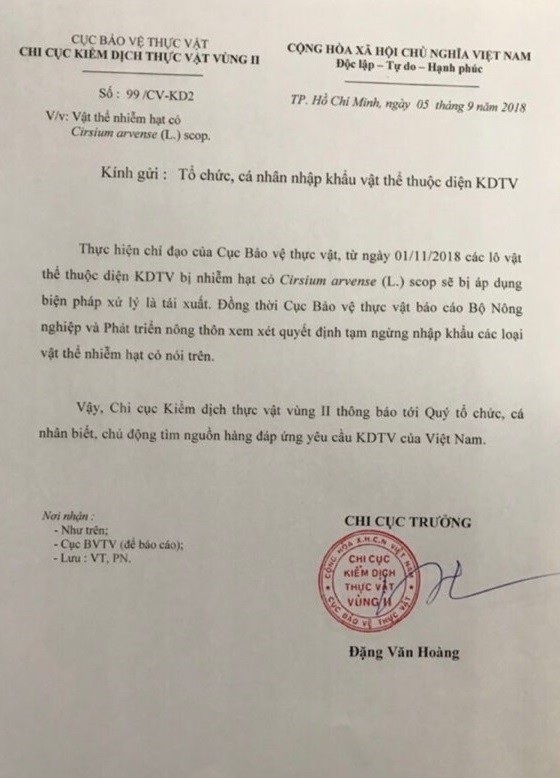 Cấm nhập khẩu lúa mì nhiễm cỏ dại: "Quá cảnh giác hay thiếu hiểu biết” (?!) - 1 Công văn của Chi cục Kiểm dịch Thực vật vùng 2 về việc vật thể nhiễm hạt cỏ