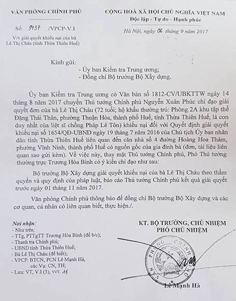 Con gái liệt sỹ gần 40 năm mòn mỏi đi đòi ngôi nhà thơ ấu, tỉnh Thừa Thiên Huế nói gì? - 4
Nhiều cơ quan Trung ương chỉ đạo giải quyết dứt điểm vụ việc khiếu kiện của bà Lê Thị Cháu.
