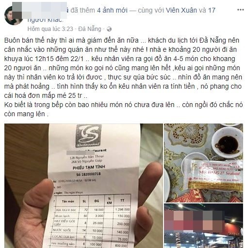 Du khách tố bữa ăn khuya có giá 25 triệu đồng tại một nhà hàng ở Đà Nẵng. Ảnh: Fb