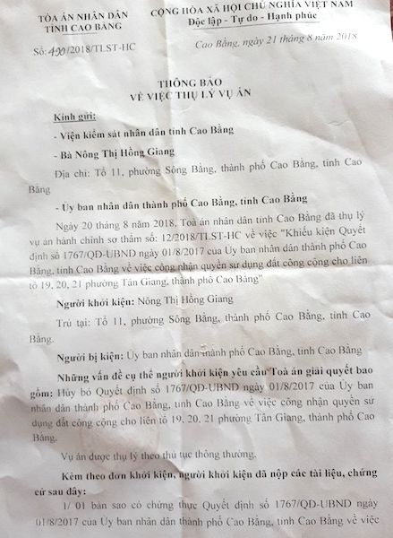 Đòi quyền sử dụng đất, người dân khởi kiện UBND TP Cao Bằng ra toà - Ảnh 1. Đòi quyền sử dụng đất, người dân khởi kiện UBND TP Cao Bằng ra toà - Ảnh 1.