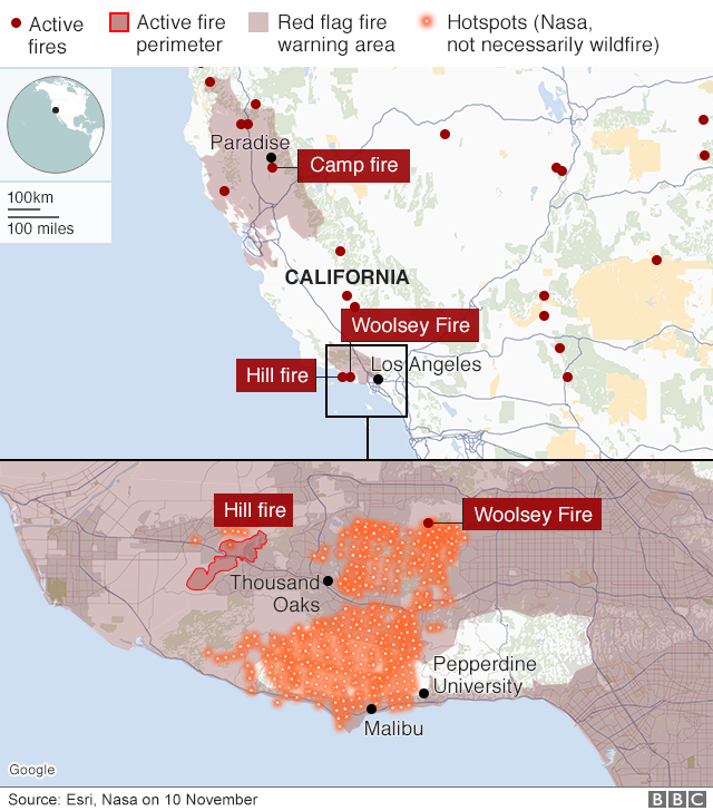 Ít nhất 3 đám cháy lớn đang xảy ra cùng lúc tại California (Đồ họa: BBC)
