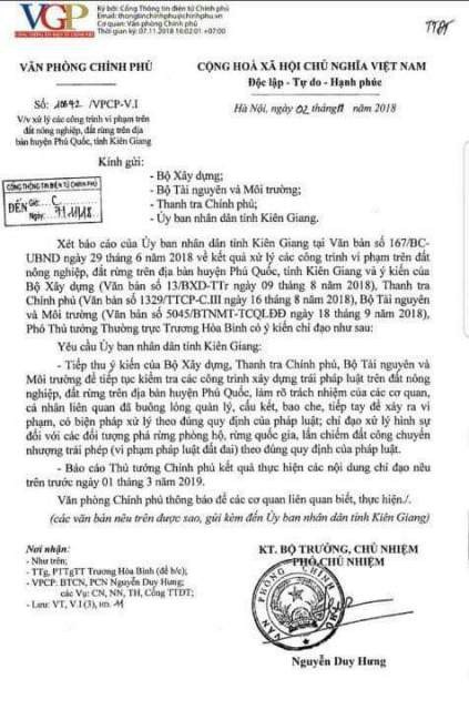 Phó Thủ tướng chỉ đạo xử nghiêm vụ "băm nát" đảo ngọc Phú Quốc! - 1 Công văn chỉ đạo của Phó Thủ tướng thường trực Trương Hòa Bình về việc xử nghiêm hành vi phá rừng phòng hộ, rừng quốc gia và cán bộ tiếp tay dẫn đến sai phạm